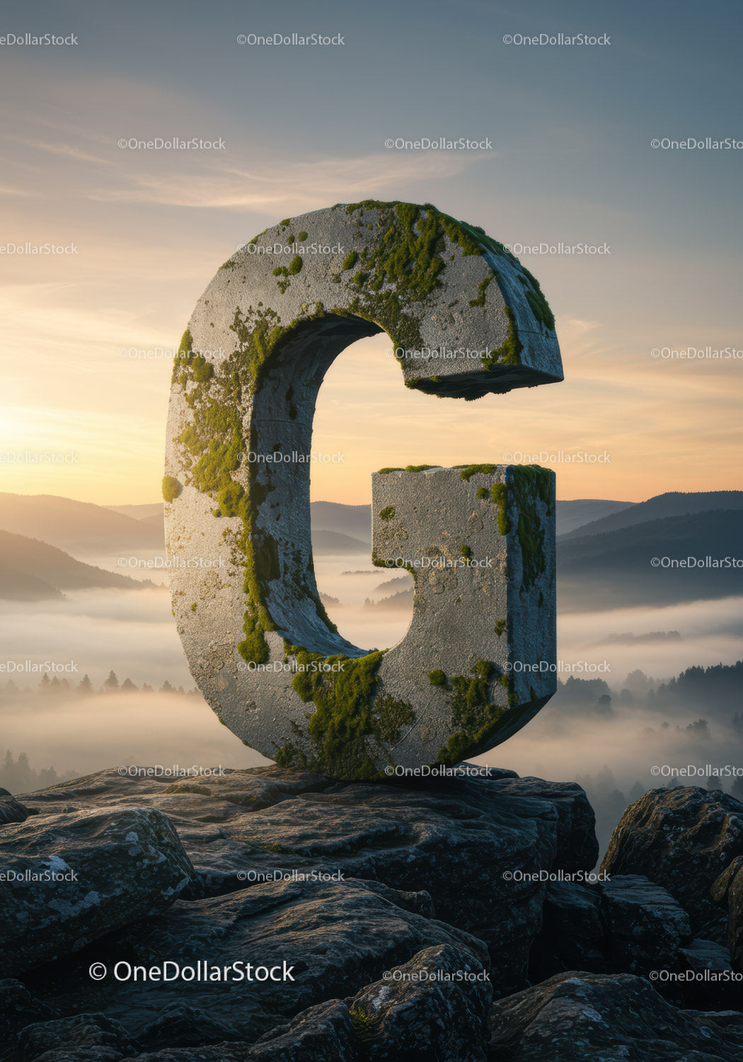 Moss-covered stone letter G on misty mountain peak