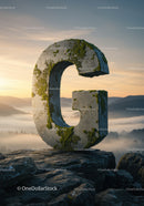 Moss-covered stone letter G on misty mountain peak