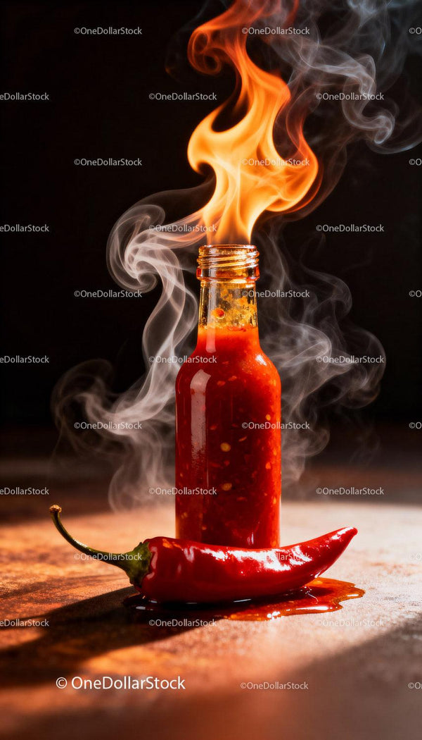 Fiery hot chili sauce bottle with fire flame