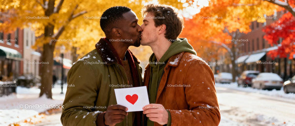 Romantic LGBTQ Couple Sharing a Kiss Outdoors in Winter