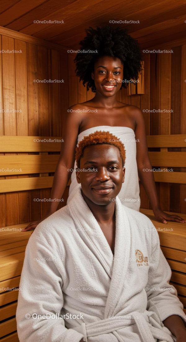 Relaksująca sauna spa z uśmiechniętą afroamerykańską parą w drewnianym pomieszczeniu
