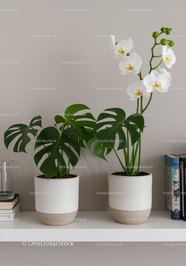 Fresh White Orchid and Monstera Houseplants in Modern Home Decor