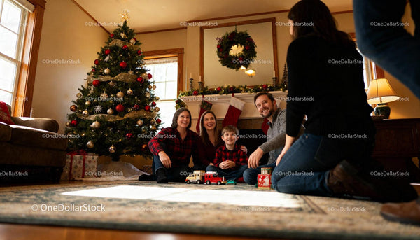 Family gathered happily by decorated Christmas tree at home