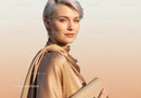 Elegant Woman with Short Blonde Hair in Satin Blouse Holding Clutch
