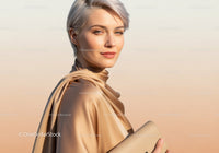 Elegant Woman with Short Blonde Hair in Satin Blouse Holding Clutch