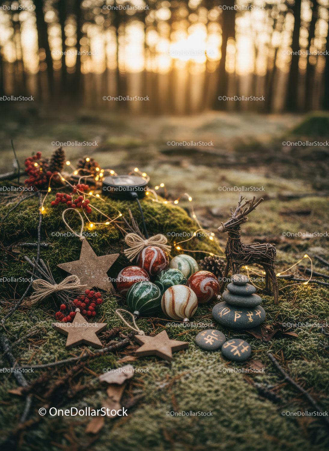 Rustic Christmas Decor with Fairy Lights in Forest Setting