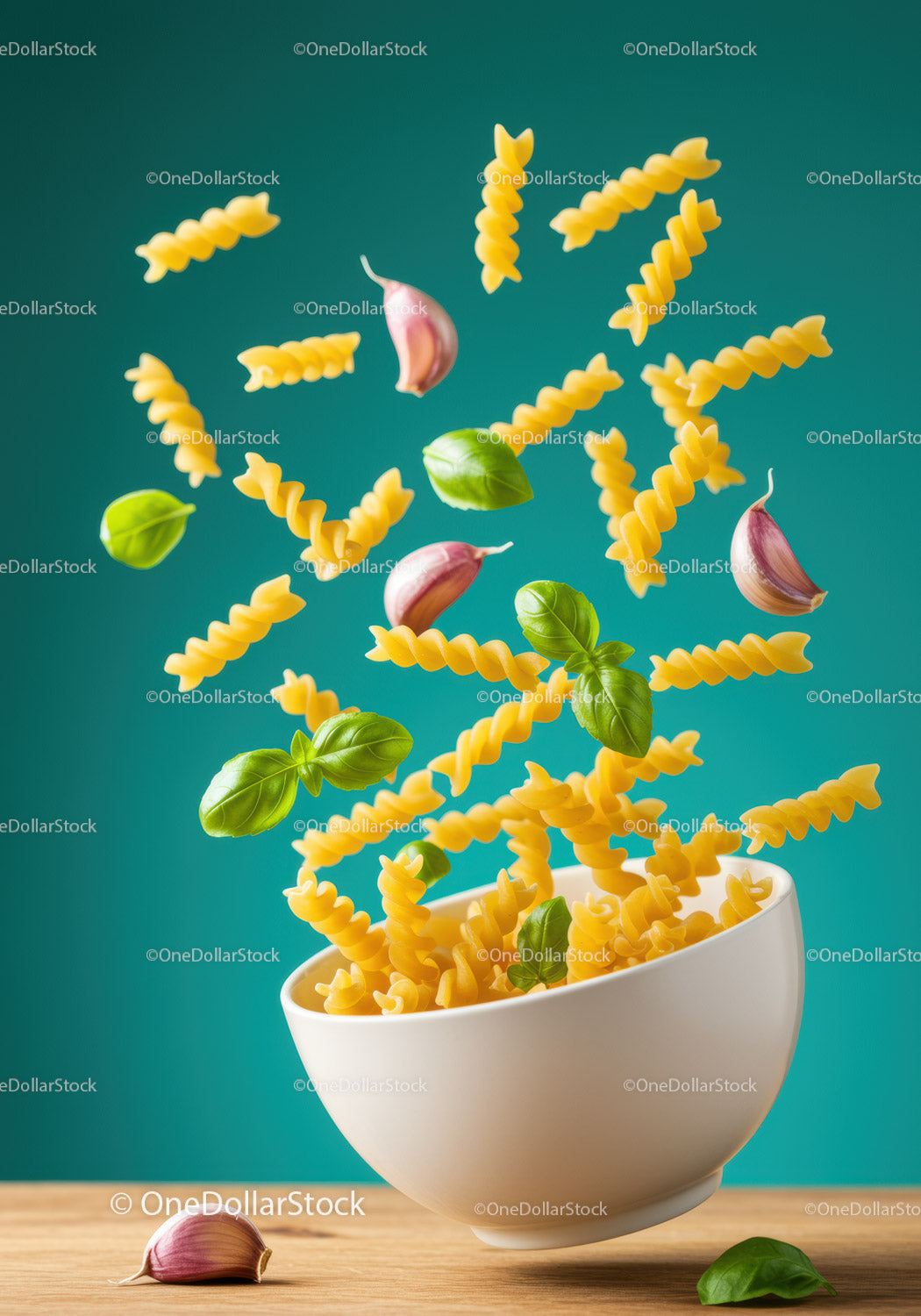 Latający makaron fusilli z czosnkiem i świeżymi liśćmi bazylii