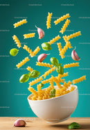 Flying fusilli pasta with garlic and fresh basil leaves
