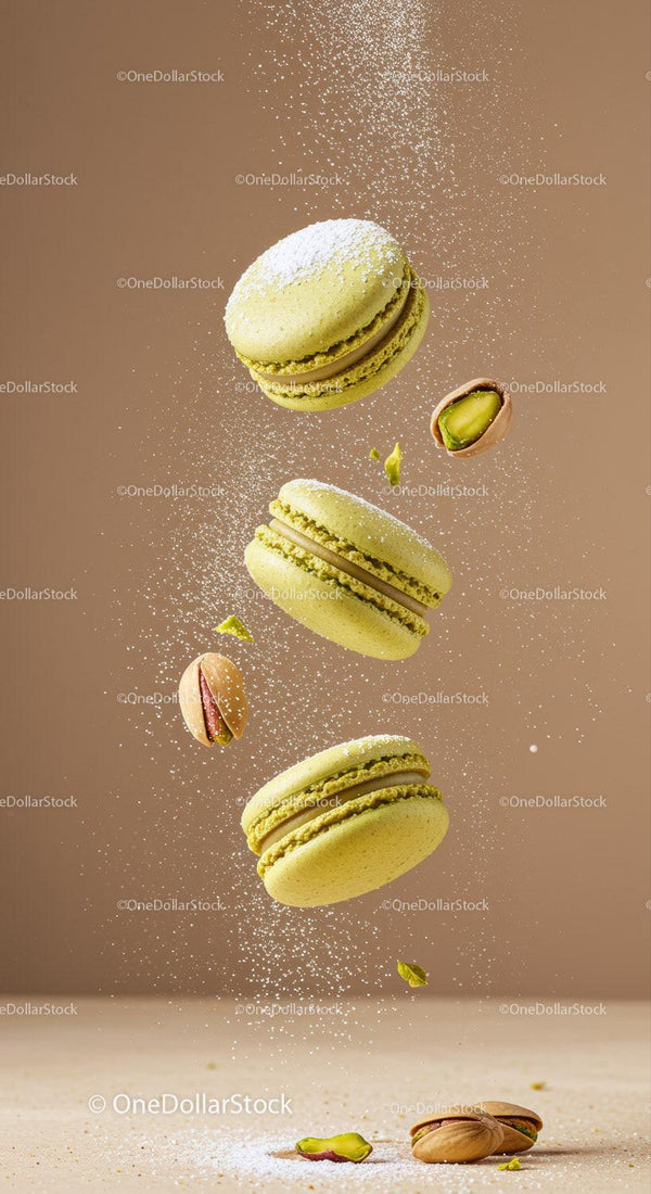 Pistachio macarons with powdered sugar falling