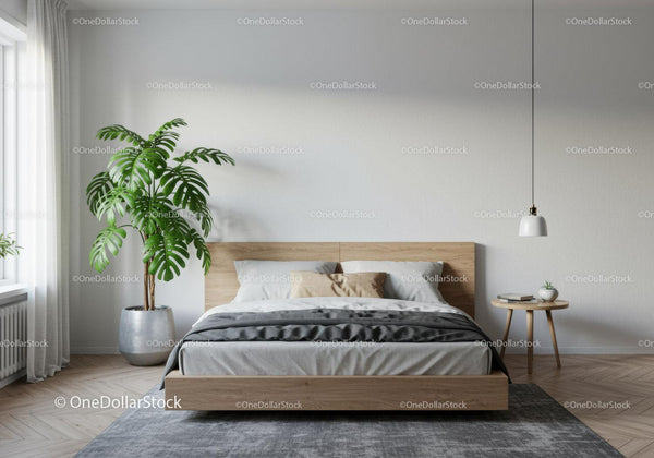 Minimalist Bedroom with Green Monstera and Modern Decor