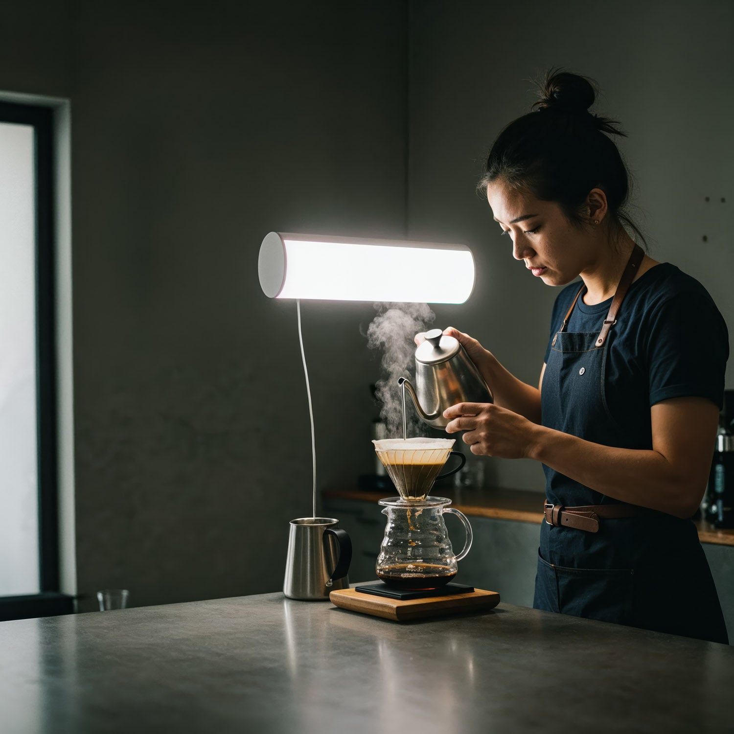 Barista parzący kawę metodą przelewową w minimalistycznej kawiarni