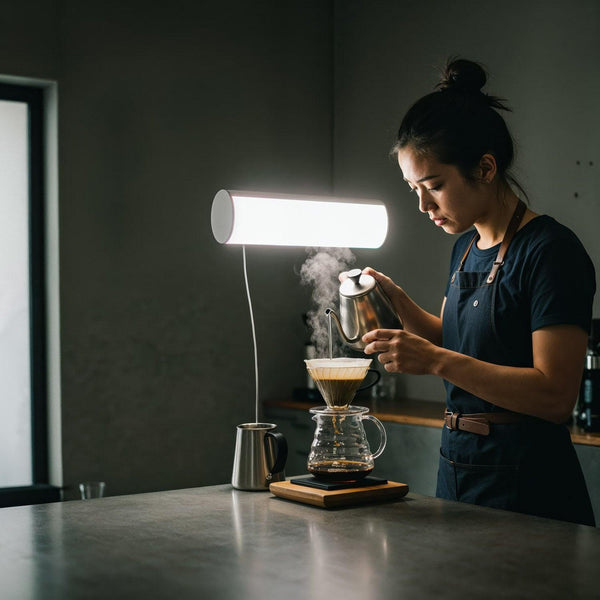 Barista brewing pour over coffee in minimalist cafe JPG Mockup Image