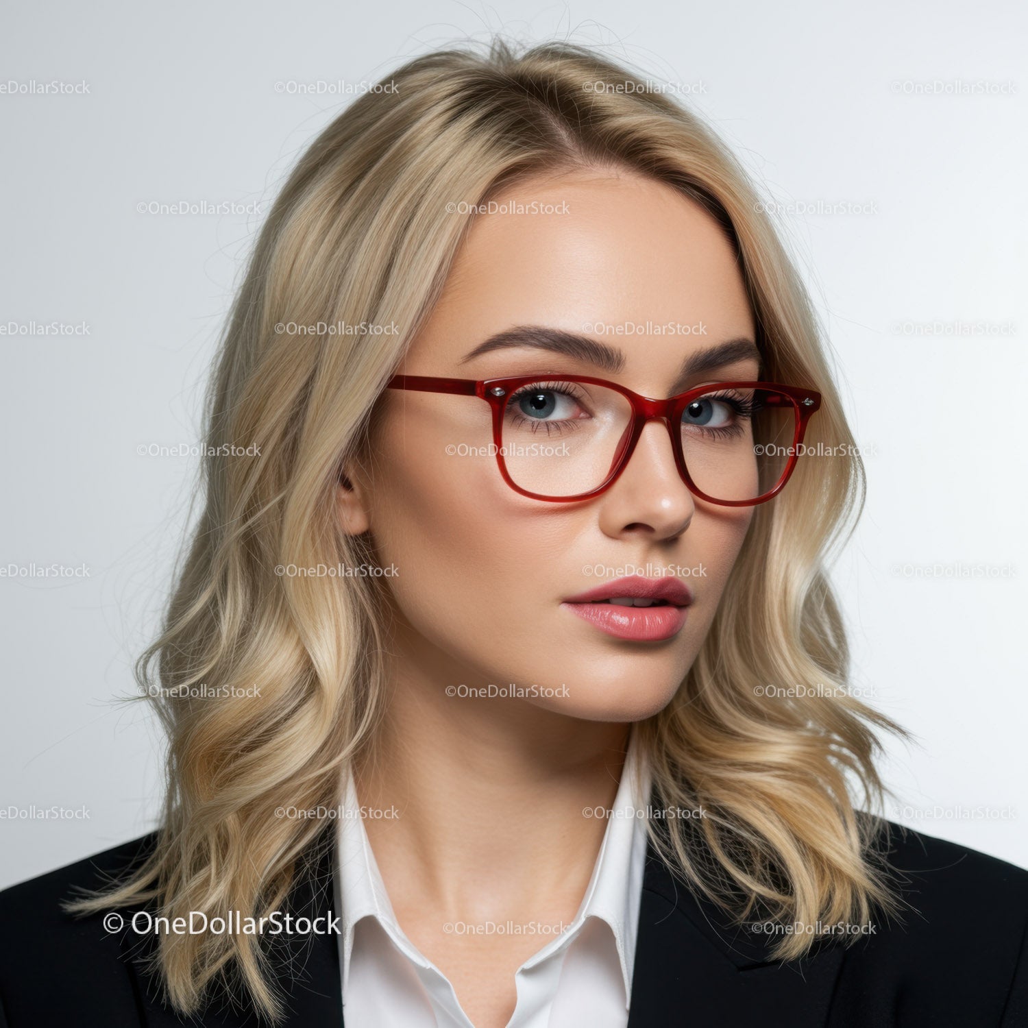 Elegancka bizneswoman w czerwonych okularach i blond włosach