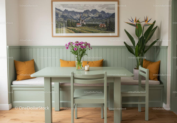 Pastel Green Dining Area with Wooden Chairs and Floral Decor