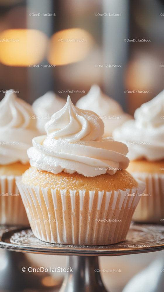 Vanilla Cupcake with Swirled Icing on a Dessert Stand