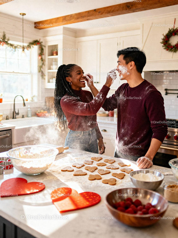Couple Playfully Baking Heart Cookies in Cozy Kitchen