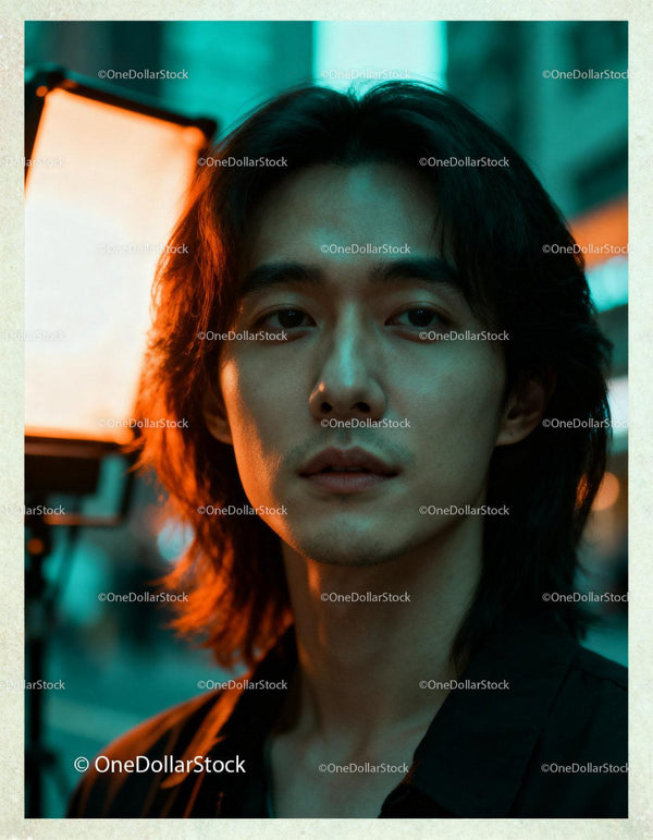 Young man with long hair illuminated by studio lighting