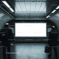 Commuters passing blank billboard in urban subway station