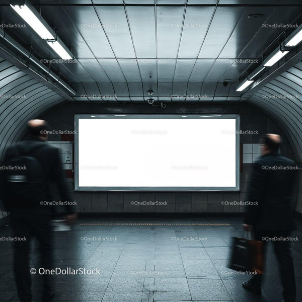 Commuters passing blank billboard in urban subway station JPG Mockup Image