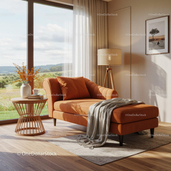 Cozy orange chaise lounge by window with countryside view