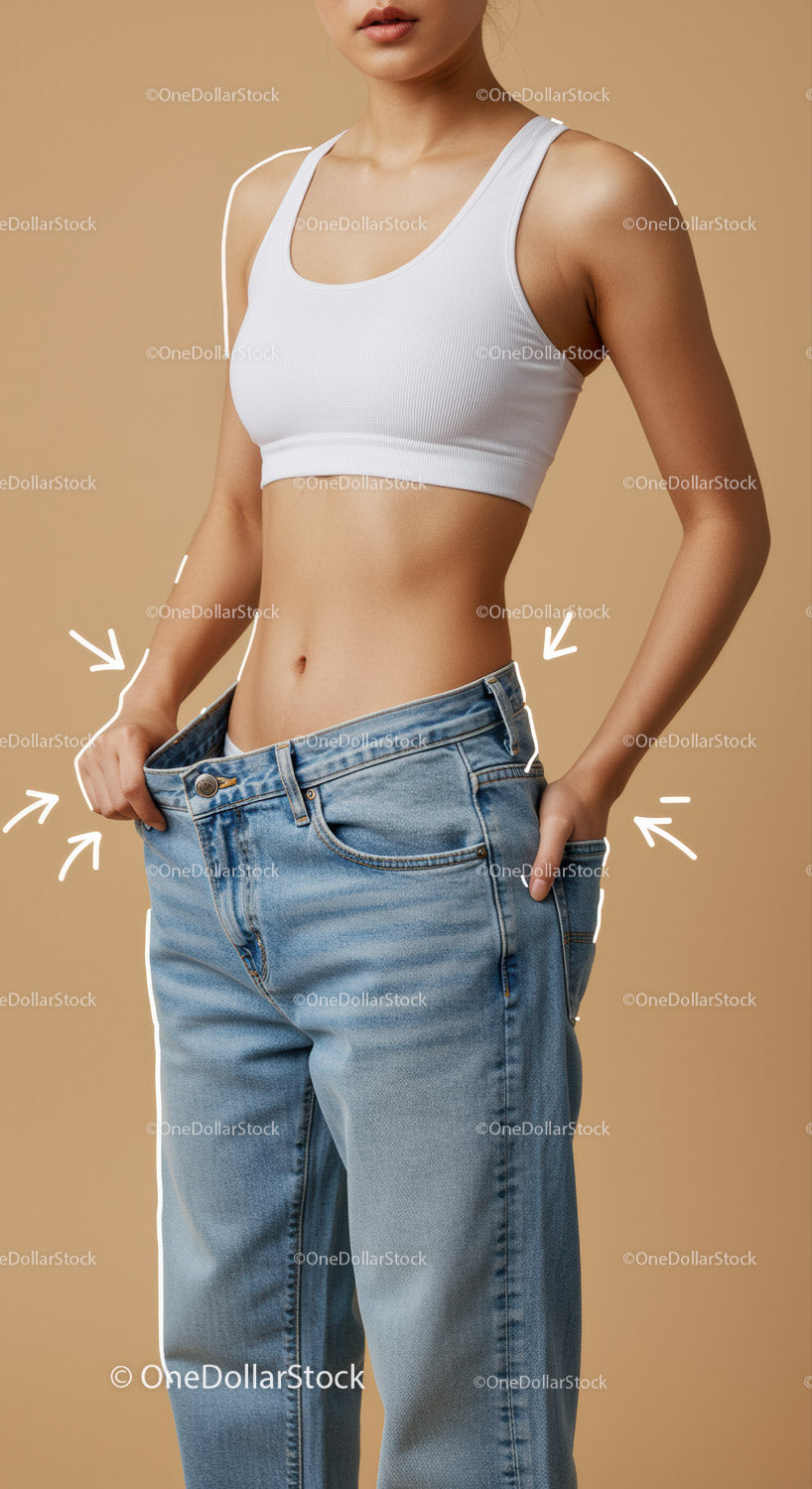 Woman in Crop Top and Loose Jeans with Beige Background