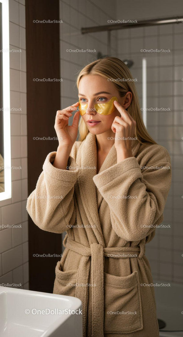 Woman Applying Under-Eye Gold Masks in Bathroom for Relaxation and Skin Rejuvenation