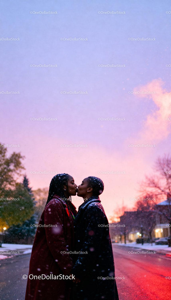 Two Women Sharing a Tender Kiss on Snowy Evening
