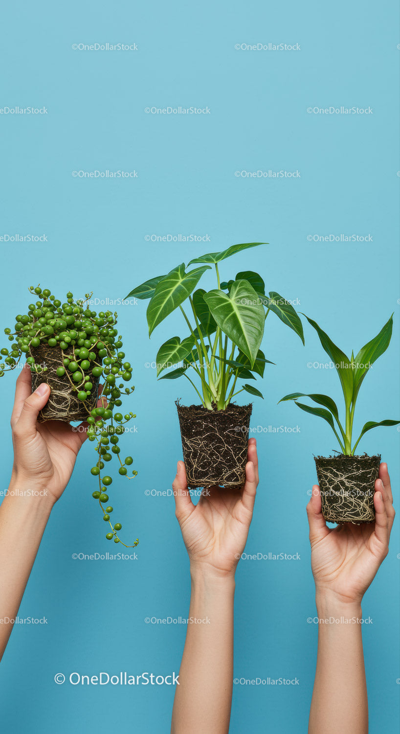 Three Hands Holding Various Potted Green Plants