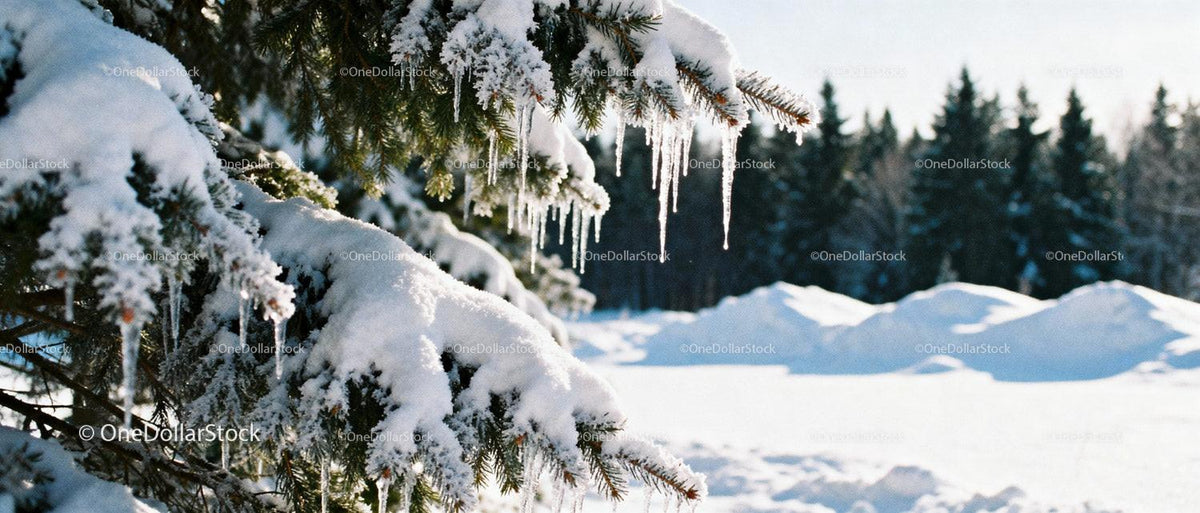 Snow-covered pine branches with glistening icicles in sunlight