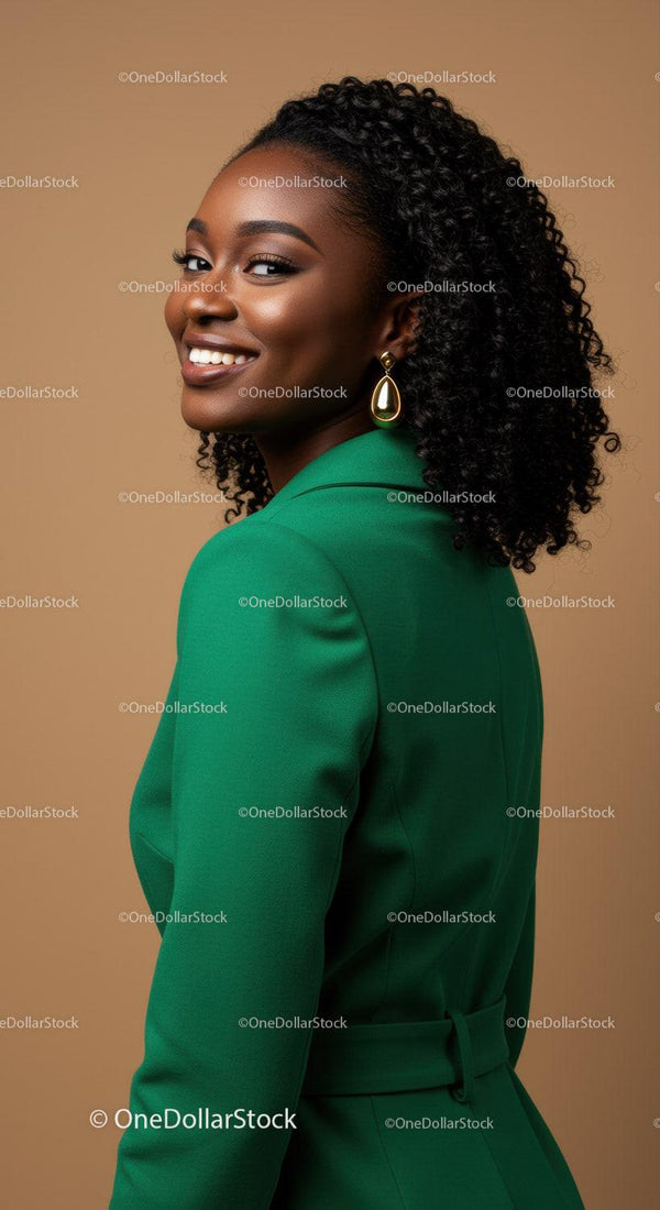 Elegant African American Woman in Green Blazer Wearing Gold Earrings