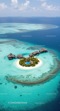 Beautiful Overwater Bavilions on a Tropical Island with Blue Waters
