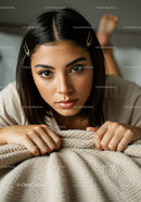 Enchanting Young Woman Resting with Cozy Blanket in Indoor Setting
