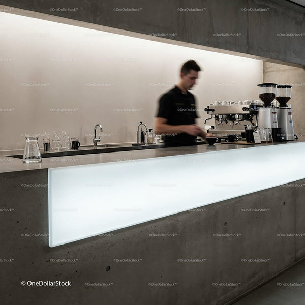 Barista Preparing Coffee Behind Minimalist Cafe Counter JPG Mockup Image