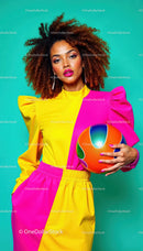 Colorful Woman with Curly Hair Holding Volleyball in Bright Fashion