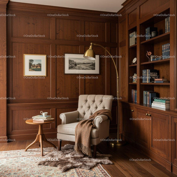 Cozy reading nook with classic armchair and wooden bookshelves
