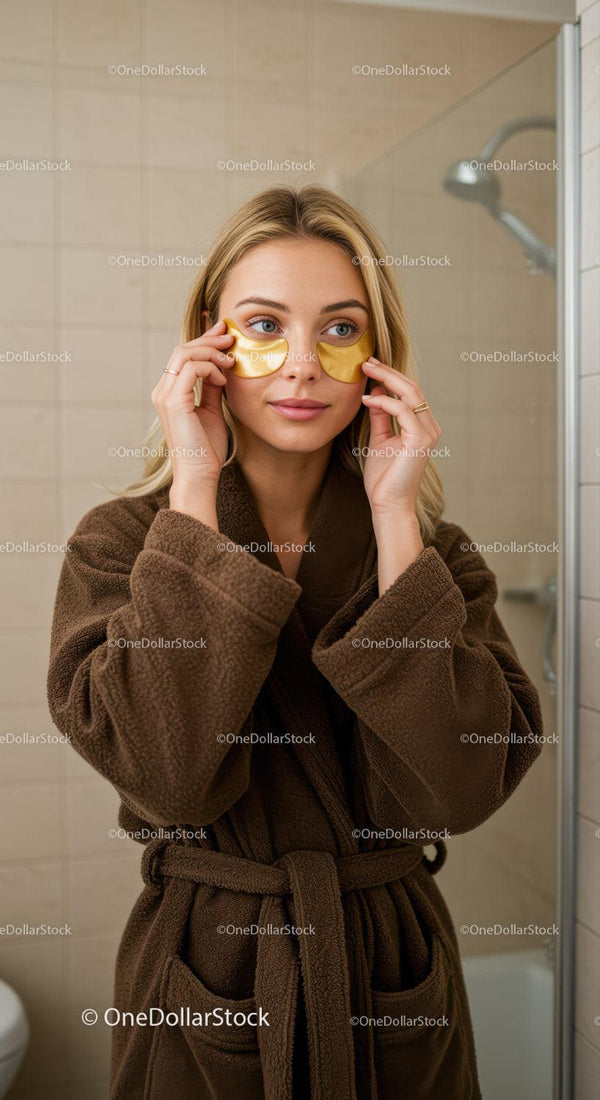 Young Woman in Brown Bathrobe Applying Gold Eye Masks