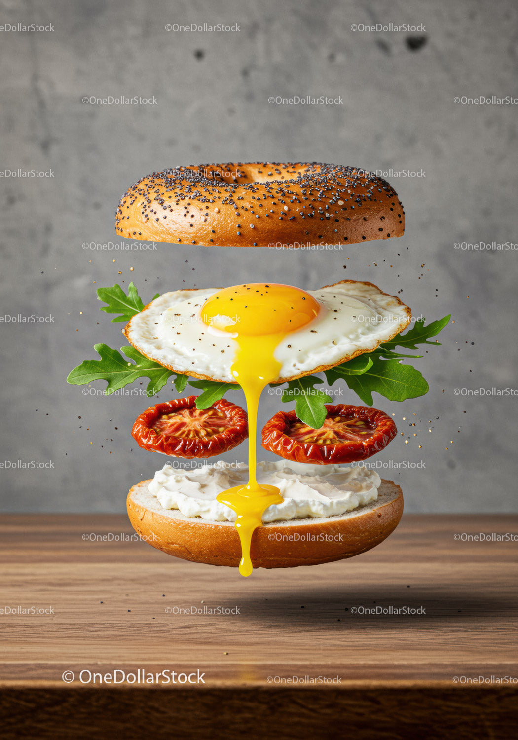 Fresh Bagel Sandwich with Fried Egg and Vegetables