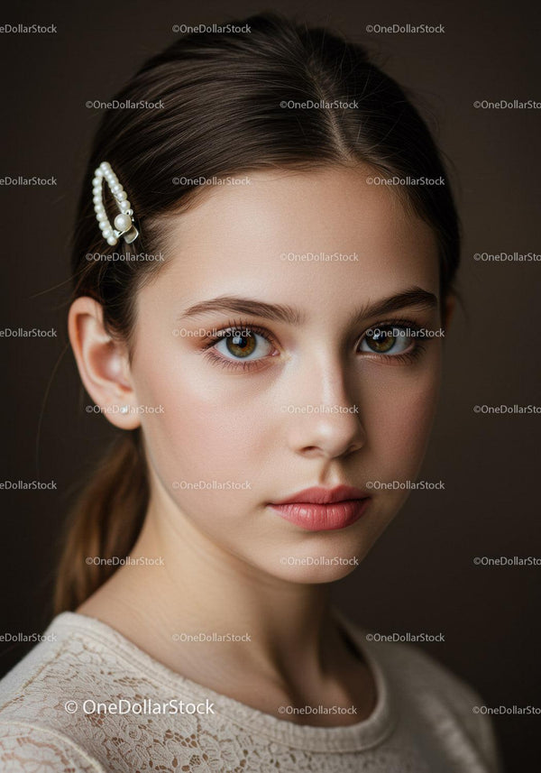 Elegancki portret młodej kobiety z perłową spinką do włosów i orzechowymi oczami