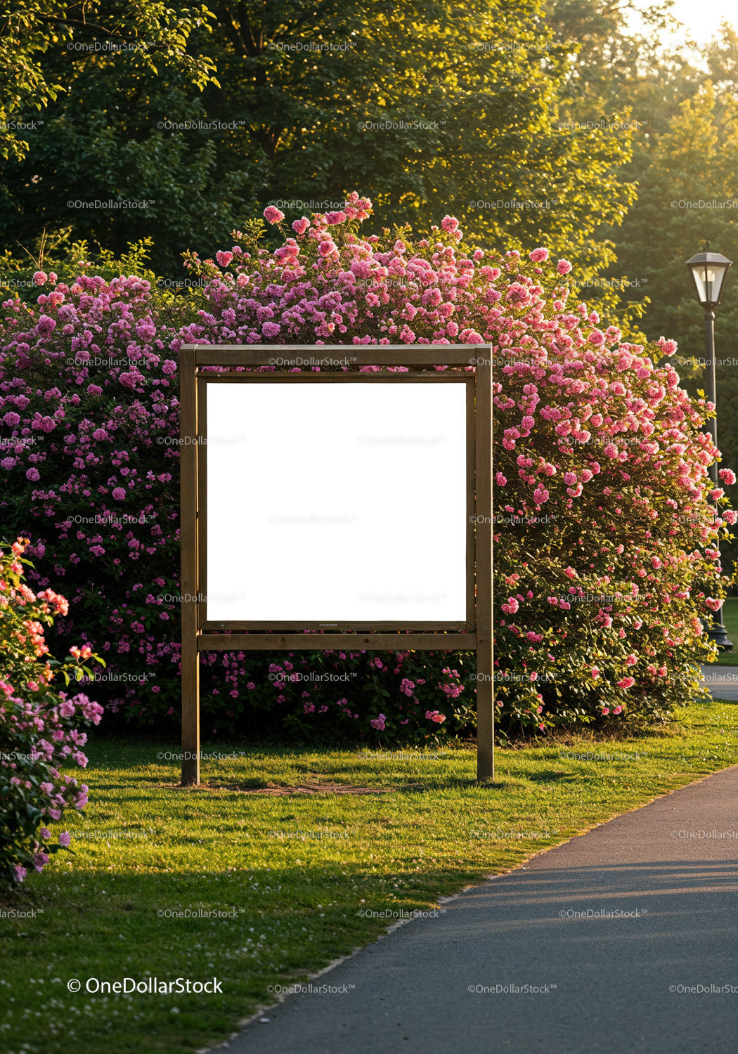 Blank signboard in park surrounded by blooming pink roses