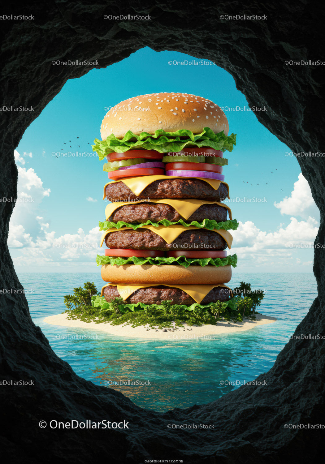 Gigantyczna wyspa cheeseburgerów otoczona widokiem na ocean