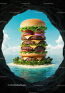Giant Cheeseburger Island Surrounded by Ocean View