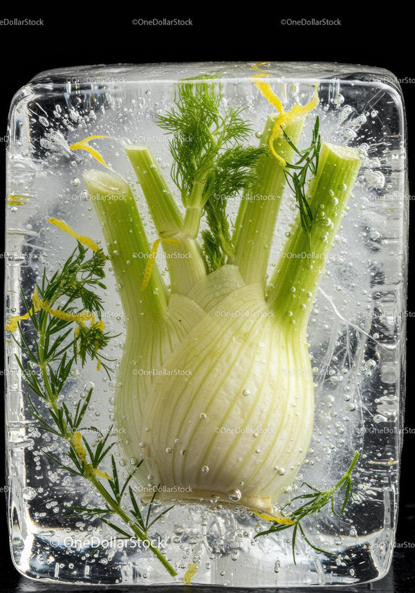 Fresh fennel bulb and herbs encased in clear ice block