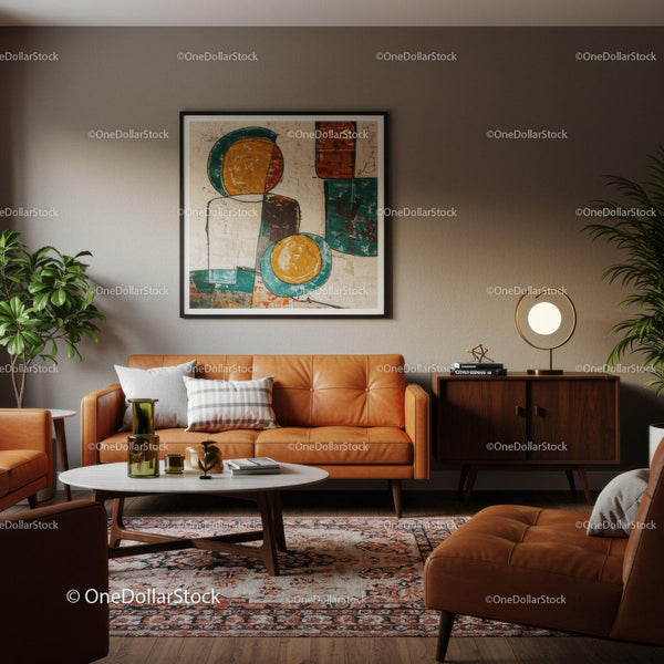 Cozy living room with leather sofa and modern decor