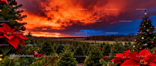 Christmas Tree Farm with Vibrant Sunset Sky