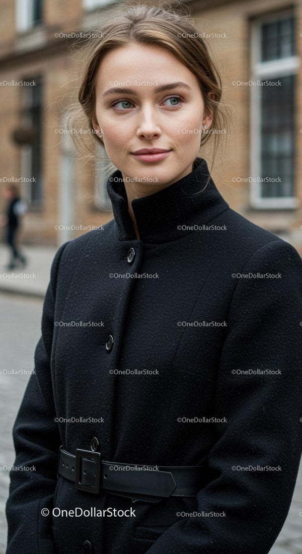 Elegant Young Woman in Black Coat on City Street
