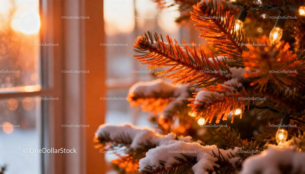 Snow-covered Christmas tree branch glowing at sunset