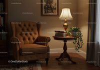 Cozy corner with armchair lamp and potted ivy plant
