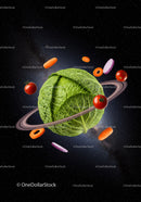 Cabbage Planet with Floating Vegetables in Space