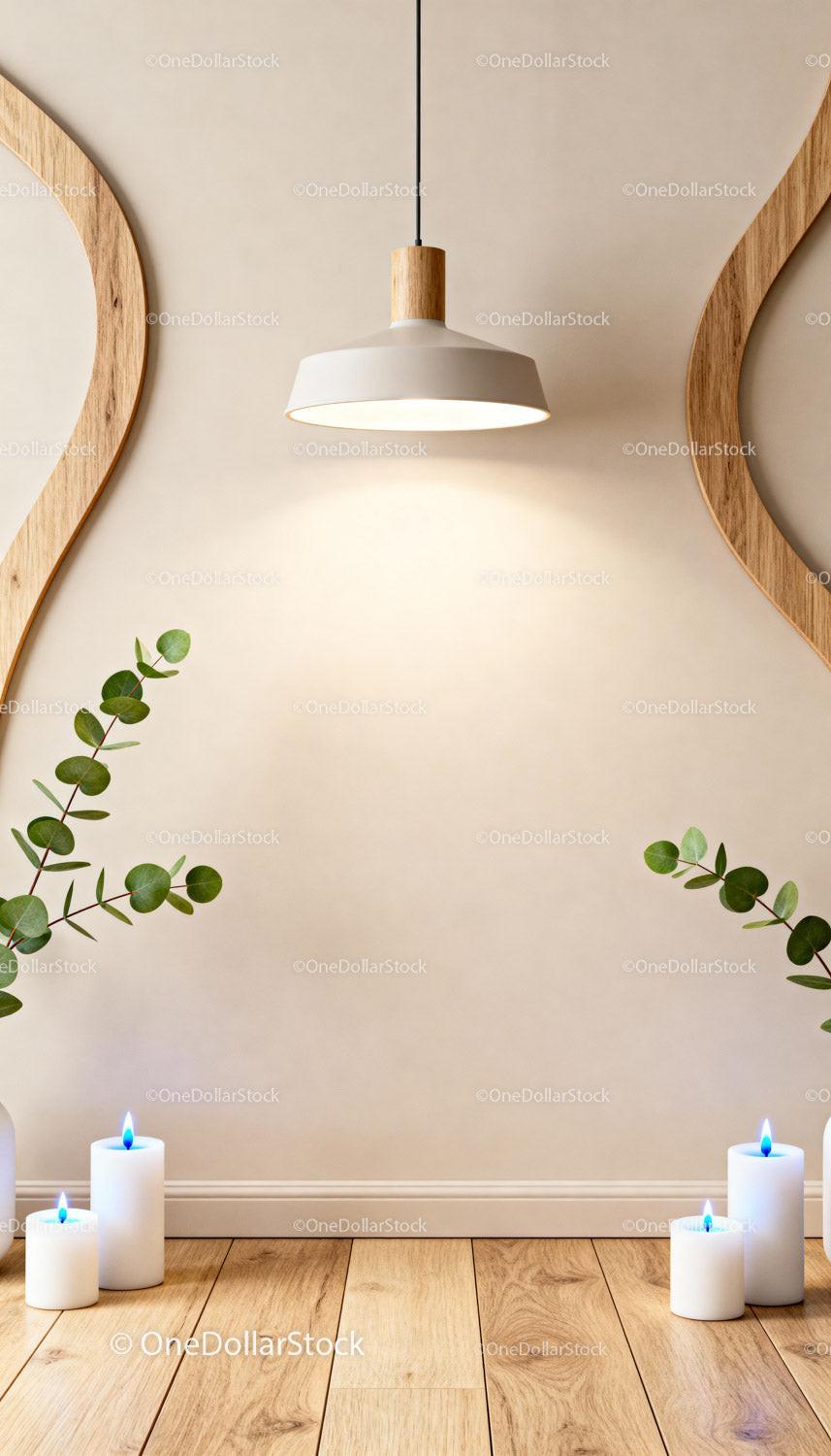 Cozy minimalist interior with wood accents and candles