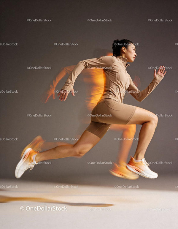 Athletic woman sprinting indoors with dynamic motion blur